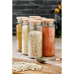 6'lı Ahşap Vakum Kapaklı Çizgili Cam Kavanoz Erzak Bakliyat Saklama Kabı Seti 1350 ml