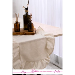 40X125 Şık Tasarım Ekstra Büyük Düz Bej Fırfırlı Runner, %100 Keten Runner, Dekoratif Runner