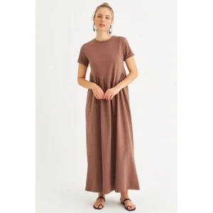 Kadın Sütlü Kahve Asimetrik Dikişli Maxi Elbise MDMR440