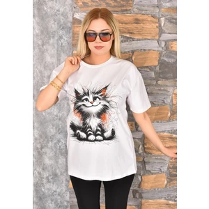 Kedi Baskılı Oversize Kadın T-Shirt Bisiklet Yaka