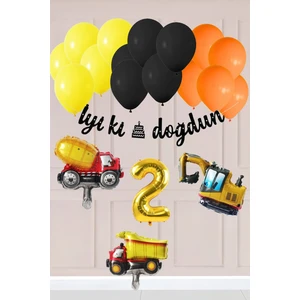 2 Yaş Inşaat Konsept Doğum Günü Balon Seti Inşaat Araçları Tema Balon Zinciri
