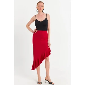 Kadın Kırmızı Asimetrik Pileli Etek EV741