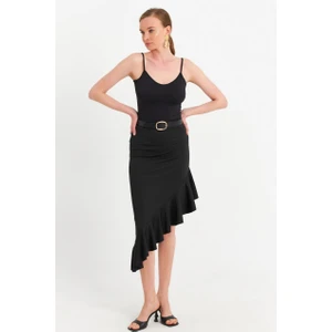 Kadın Siyah Asimetrik Pileli Etek EV741