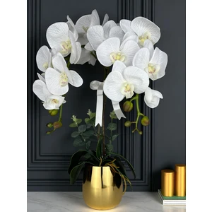 Yapay Orkide Premium Kalite Doğal Görünümlü Gold Metal Saksı Yapay Çiçek 55 cm Dekoratif Hediye Yapay Salon Çiçeği