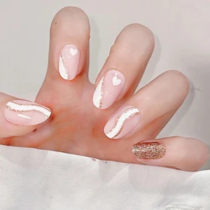 Tips Art Pembe Gold Beyaz Desenli Badem 24’lü Takma Tırnak Seti ve Zararsız Yapıştırıcı