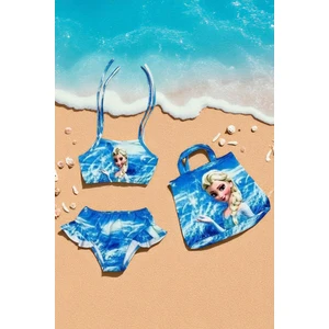 Kız Çocuk Karakter Baskılı Eteği Fırfırlı- Ip Bağlamalı Çanta Mayo Bikini 3 Lü Takım