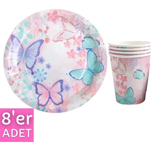 Kelebek Model Tabak Bardak Seti 8 Li