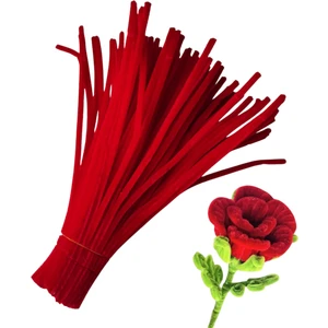 50 Adet Kırmızı Şönil, Eğitici Şönil Seti, Yoğun Tüylü Tel, 30 cm