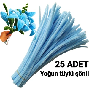 25 Adet Bebek Mavi Şönil, Eğitici Şönil Seti, Yoğun Tüylü Tel, 30 cm