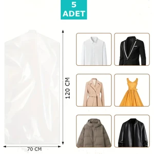 5 Adet 70X120 cm Şeffaf Elbise Poşeti, Askı Delikli Omuz Kesimli Elbise Poşeti