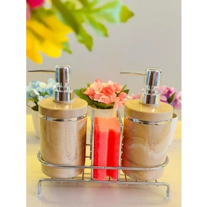 Stantlı 2'li Sıvı Sabunluk Seti Süngerlikli - Gümüş Renk Detaylı