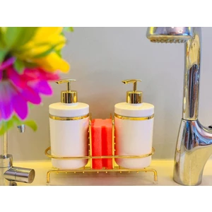 2'li Sıvı Sabunluk Seti Altın Renk Detaylı, Süngerlikli ve Stantlı