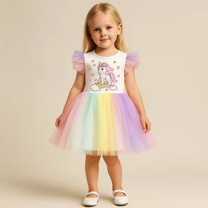 Kız Çocuk Unicorn Elbise Tüllü Elbise Rengarenk Doğum Günü ve Parti Elbisesi
