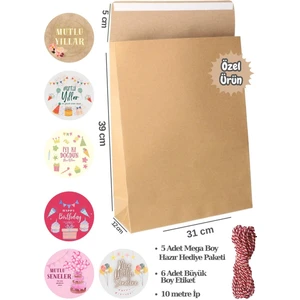 3lü Set Mega Boy Doğum Günü Seti Yapışkanlı Hediye Paketi + Kırmızı-Beyaz Ip + 6lı Büyük Etiketler