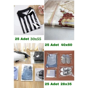 28X35, 30X55, 40X60 Karışık Çeyiz Poşeti Bantlı Şeffaf Jelatin Poşet Ambalaj Paketi (75 Adet)