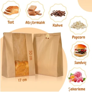 100 Adet 17X30 Pencereli Kraft Kese Kağıdı Gıdaya Uygun Poğaça Tost Sandviç Simit Kağıdı