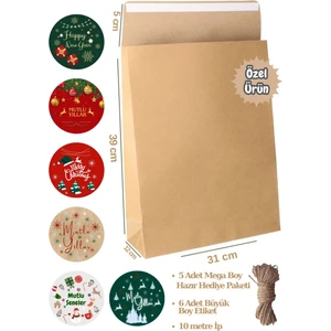 3lü Set Mega Boy Kapaklı Yapışkanlı Hediye Paketi-5li + 10 mt Jut Ip+ Yılbaşı Etiketleri