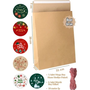 3lü Set Mega Boy Kapaklı Yapışkanlı Hediye Paketi-5li + 10 mt Kırmızı-Beyaz Ip+ Yılbaşı Etiketleri