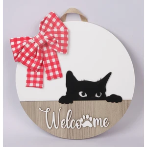Welcome Kedi Figürlü Ahşap Kapı Süsü-Kedili Ahşap Mdf Kapısüsü