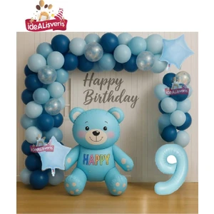 Erkek Çocuklar Için Mavi Yaş Ayıcık Folyo Balonlu Doğum Günü Parti Seti Süsü