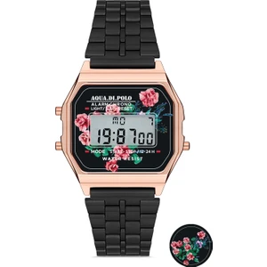 Aqua Di Polo 1987 Kadın Siyah Metal Kordonlu Çiçek Desenli Dijital Retro Saat APWA064002