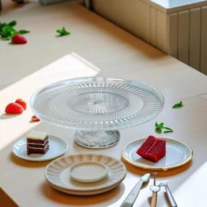 24 cm Cam Ayaklı Sunumluk Tabak-Ayaklı Cam Kek Sunum Tabagı- Pasta Servıs Tabagı