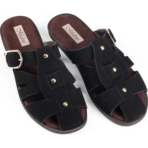 Kadın Siyah Süet Deri Tokalı ve Troklu Vintage Stil Kafes Sandalet Terlik