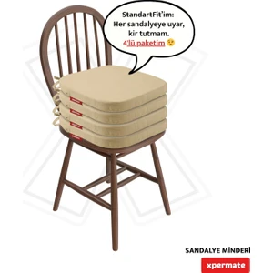 4'lü Standartfit Oval Sandalye Minderi Fermuarlı Yıkanabilir Kılıf Bağcıklı Su ve Yağ Itici 42 x 42 x 5 Bej