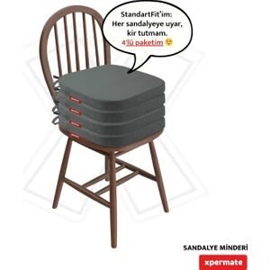 4'lü Standartfit Oval Sandalye Minderi Fermuarlı Yıkanabilir Kılıf Bağcıklı Su ve Yağ Itici 42 x 42 x 5 Antrasit