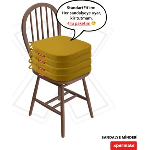 4'lü Standartfit Oval Sandalye Minderi Fermuarlı Yıkanabilir Kılıf Bağcıklı Su ve Yağ Itici 42 x 42 x 5 Hardal
