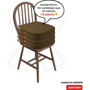 4'lü Standartfit Oval Sandalye Minderi Fermuarlı Yıkanabilir Kılıf Bağcıklı Su ve Yağ Itici 42 x 42 x 5 Kahverengi