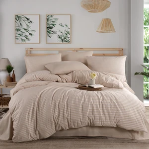 Teksnil Home | Bej Natural Stripe Çift Kişilik Saten Nevresim Takımı