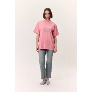 Yıkama Efektli Kısa Kollu Tshırt Pembe