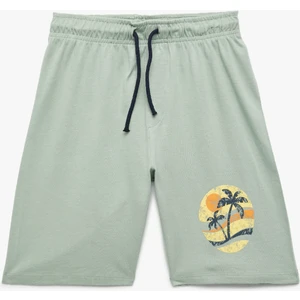 Palmiye Baskılı Beli Bağlamalı Pamuklu Bermuda Şort