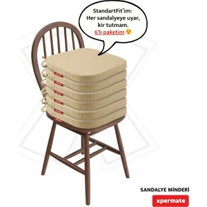 6'lı Standartfit Oval Sandalye Minderi Fermuarlı Yıkanabilir Kılıf Bağcıklı Su ve Yağ Itici 42 x 42 x 5 Bej