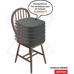 6'lı  Standartfit Oval Sandalye Minderi Fermuarlı Yıkanabilir Kılıf Bağcıklı Su ve Yağ Itici 42 x 42 x 5 Antrasit