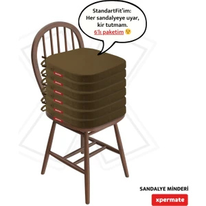 6'lı  Standartfit Oval Sandalye Minderi Fermuarlı Yıkanabilir Kılıf Bağcıklı Su ve Yağ Itici 42 x 42 x 5 Kahverengi