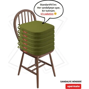 6'lı  Standartfit Oval Sandalye Minderi Fermuarlı Yıkanabilir Kılıf Bağcıklı Su ve Yağ Itici 42 x 42 x 5 Yeşil