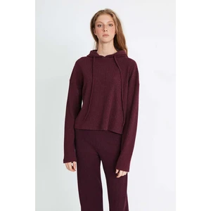 Layla Kadın Triko Görünümlü Kapüşonlu Ribana Bordo Sweatshirt