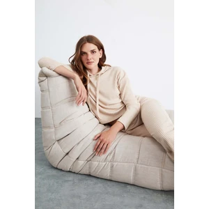 Layla Kadın Triko Görünümlü Kapüşonlu Ribana Bej Sweatshirt