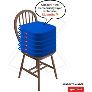 6'lı  Standartfit Oval Sandalye Minderi Fermuarlı Yıkanabilir Kılıf Bağcıklı Su ve Yağ Itici 42 x 42 x 5 Mavi
