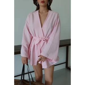 Pembe Pamuklu Düğme Detaylı Kemerli Keten Kimono