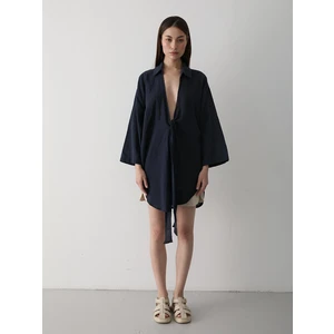 Lacivert Flam Keten Kimono Gömlek