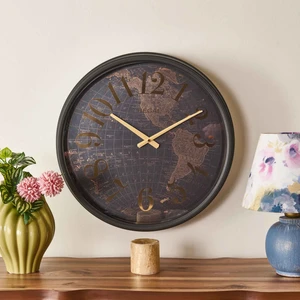 Dünya Haritalı Eskitme Metal Duvar Saati - Kahverengi - 51 cm