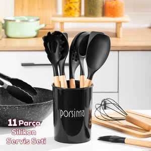 3165 Standlı Bambu Silikon 11 Parça Servis Takımı Seti Siyah