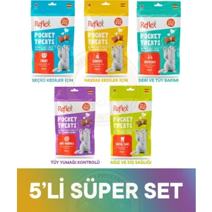 Pocket Treats Choosy - Seçici & Sensitive - Hassas & Skin Coat - Deri ve Tüy Bakımı & Anti Hairball - Tüy Yumağı Önleyici & Dental Care - Ağız ve Diş Sağlığı İçin Kedi Ödül Maması Seti 5x60 gr