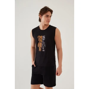 Erkek Pamuklu Sıfır Kollu Baskı Detaylı Şortlu Pijama Takımı