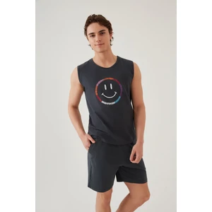 Erkek Pamuklu Sıfır Kollu Baskı Detaylı Şortlu Pijama Takımı