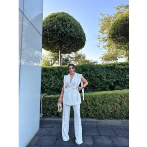Kadın Alt Üst Ikili Takım Omuz Detaylı Kemerli Kolsuz Blazer Ceket Pantolon Takım