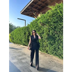 Kadın Alt Üst Ikili Takım Omuz Detaylı Kemerli Kolsuz Blazer Ceket Pantolon Takım